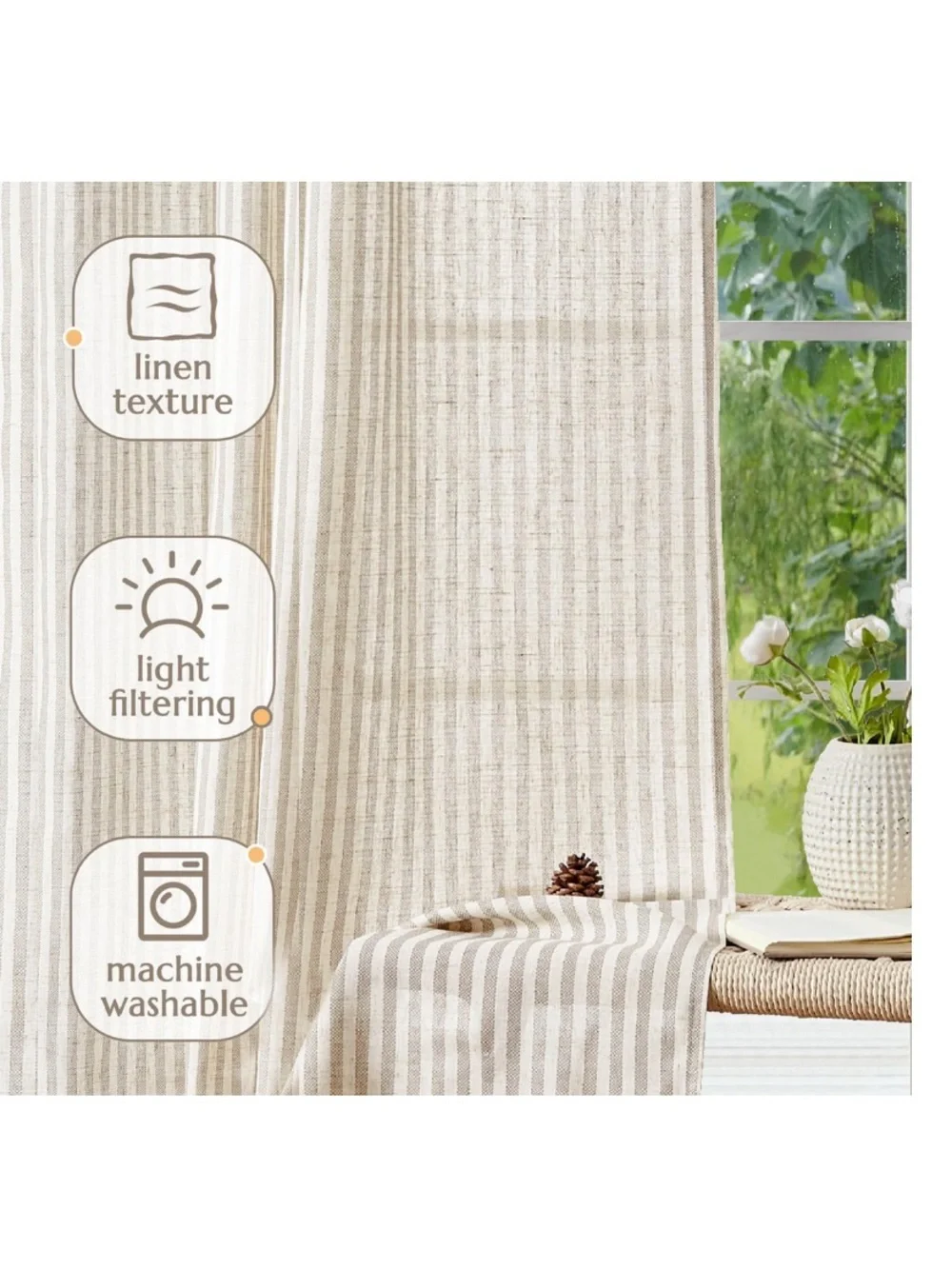 Striped Curtains Light-Filtering Rod Pocket Back Tab - TAUPE GRAY ON BEIGE